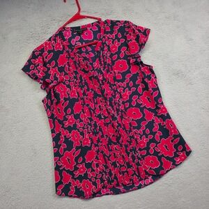 Simply Styled Top Womens L Blue Pink Pleated Flutter Sleeve Floral Statement